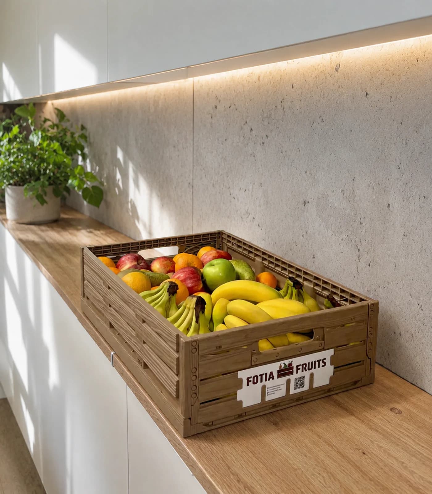 Cesta de Fotia Fruits entregada en la cocina de una oficina