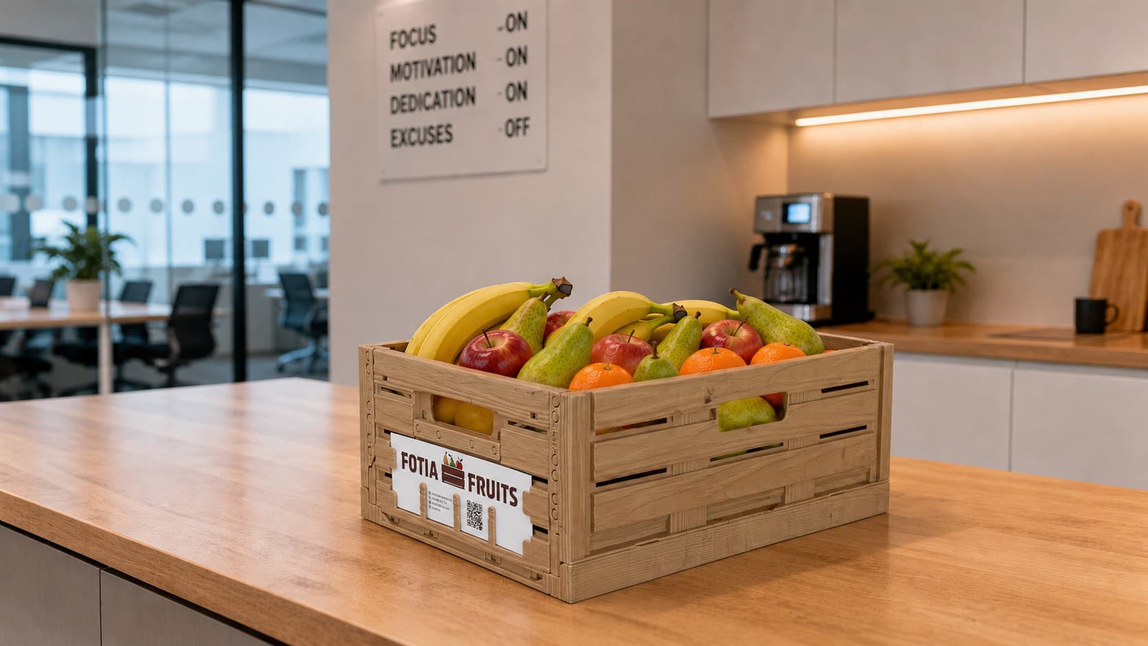 Fresh fruit basket on a modern office counter