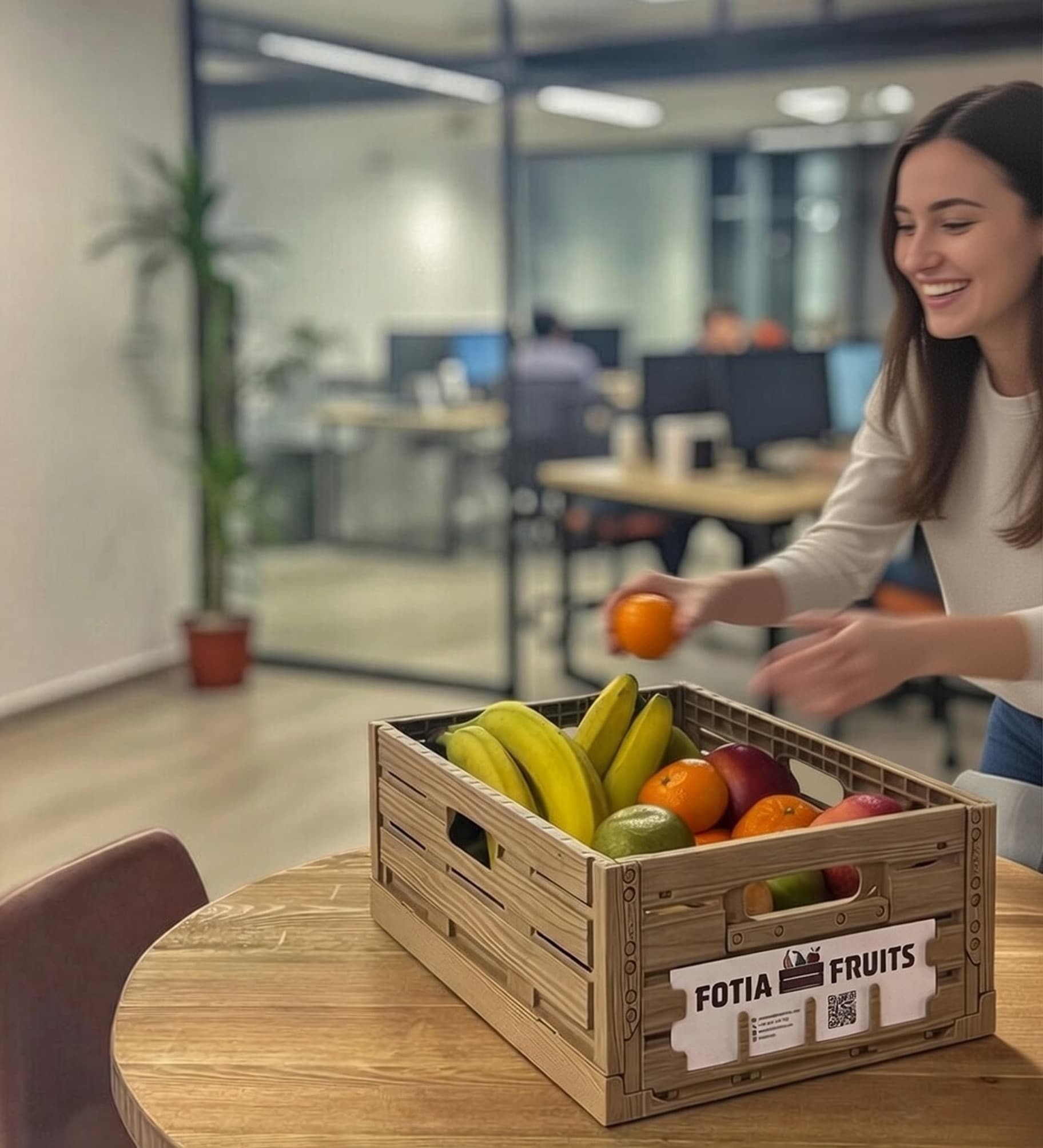 Person choosing fruit from a Fotia Fruits basket in an office